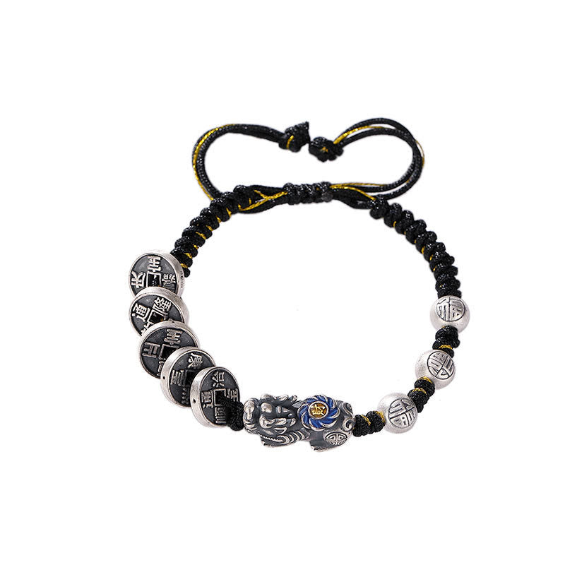 Buddha Stones999 スターリングシルバー 風水 貔貅 銅貨 福の字 富の編み込みブレスレット