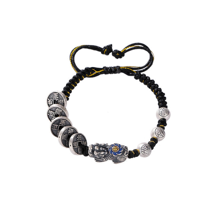 Buddha Stones999 スターリングシルバー 風水 貔貅 銅貨 福の字 富の編み込みブレスレット