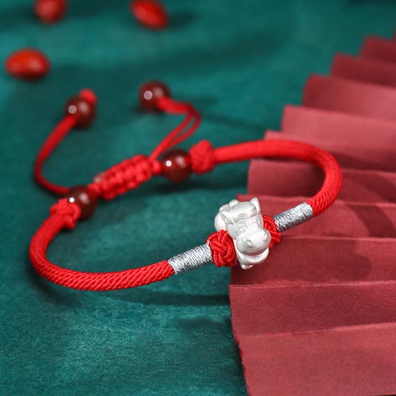 Buddha Stones999スターリングシルバー 中国十二支 幸運 強さ赤紐ブレスレット