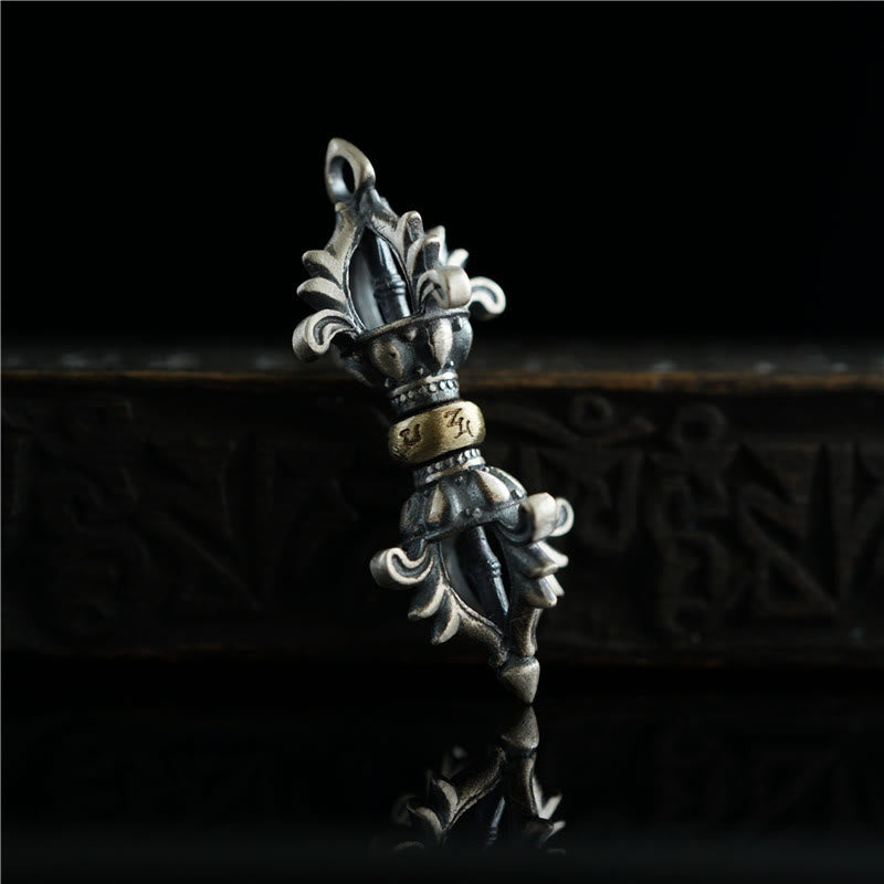 Buddha Stones925 スターリングシルバーOm Mani Padme Humドルジェヴァジュラ 彫刻された強さのペンダント 吊り下げ装飾
