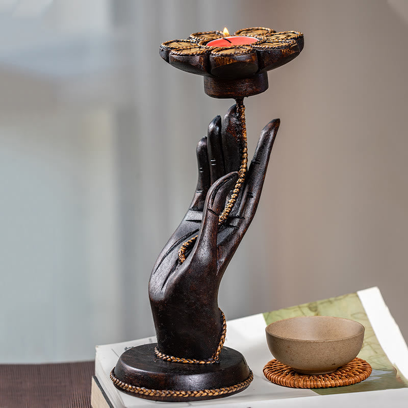 Buddha Stonesの手模様の木製キャンドルスティックホームキャンドルホルダー装飾
