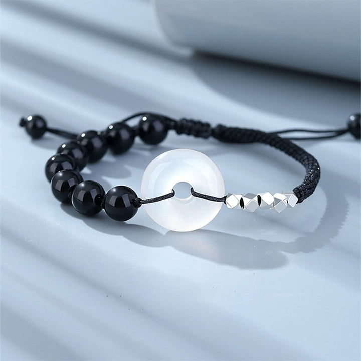 Buddha Stones 925スターリングシルバー ブラックオブシディアンアゲート ピースバックル ストレングスブレスレット