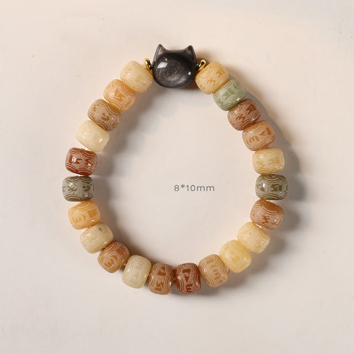 Buddha Stonesの銀光沢黒曜石猫の頭、オーム・マニ・パドメ・フムの彫刻入りハーモニーブレスレット - image 5