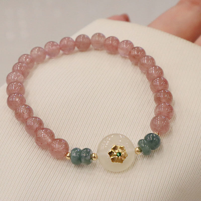 Buddha Stones天然ストロベリークォーツ カルセドニー 翡翠 ヒーリングブレスレット