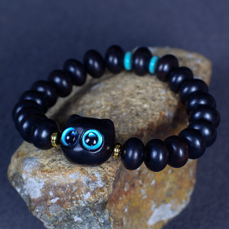 Buddha Stones、黒檀、琉璃ガラス、愛らしい猫の平和バランスブレスレット - image 5