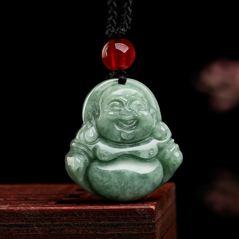 Buddha Stones天然グリーン翡翠 笑う仏陀 幸運 豊穣 ネックレス ペンダント