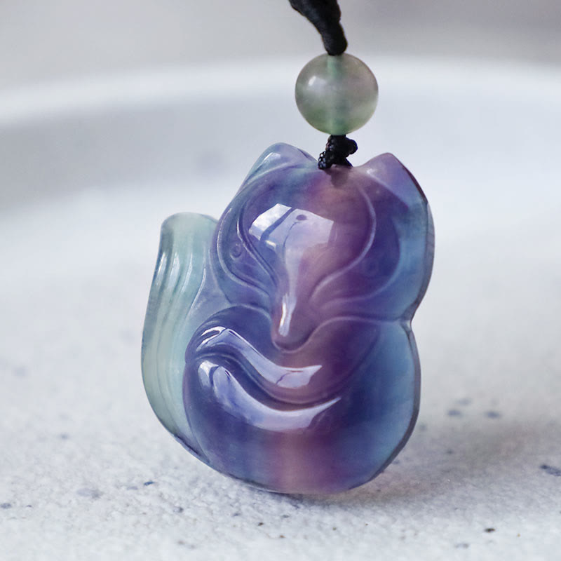 Buddha Stones天然蛍石ゴールド光沢黒曜石フォックスペンダント保護ネックレス