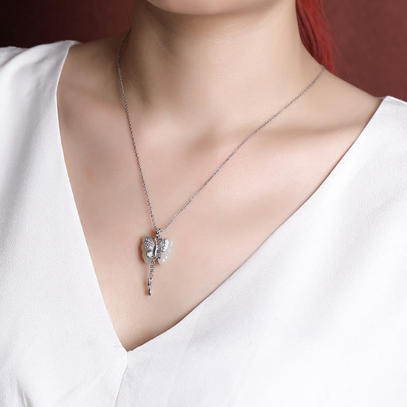 Buddha Stones 925スターリングシルバーメッキゴールド和田白翡翠バタフライ祝福ネックレスペンダント