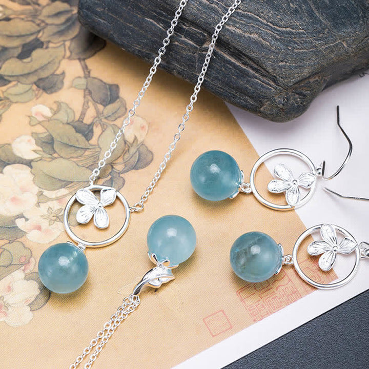 Buddha Stones 925スターリングシルバー 天然アクアマリン リーフフラワー ピース イヤリング ネックレス