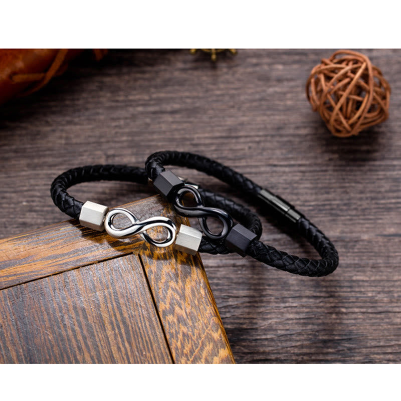 Buddha Stonesエンドレスノット チタンスチール インフィニティレザー ウィーブ バランスブレスレット