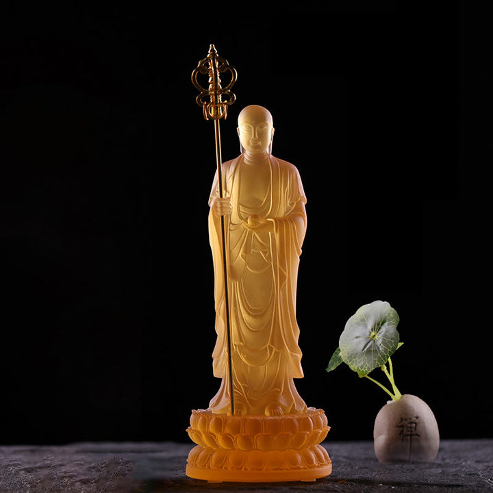 Buddha Stonesハンドメイド 地蔵菩薩像 琉璃クリスタルアートピース 静寂の像 室内装飾 - 琥珀色 7.8×7.8×20cm - image 1