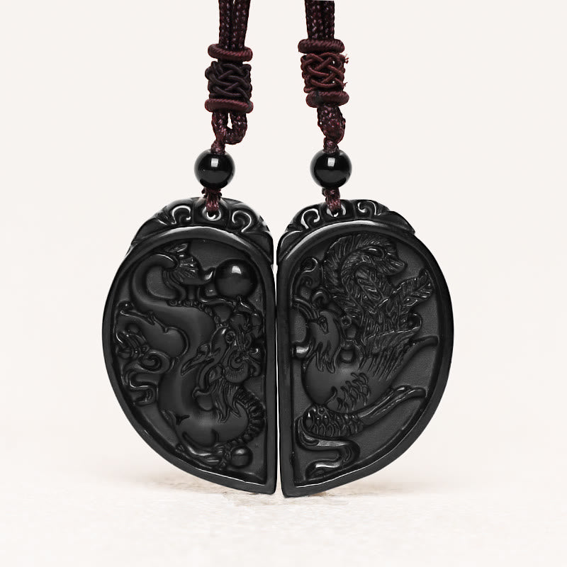 Buddha Stonesブラックオブシディアン 愛の龍 鳳凰 守護ネックレス ペンダント - image 2