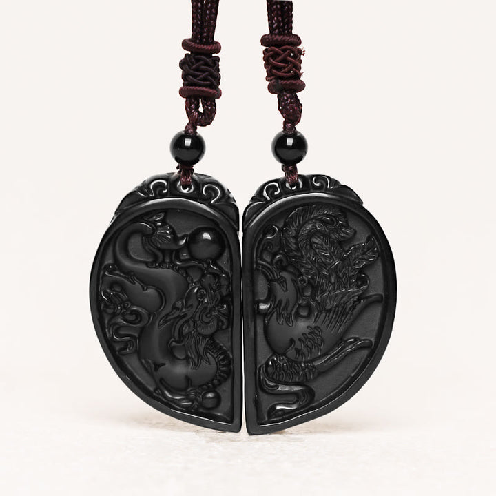 Buddha Stonesブラックオブシディアン 愛の龍 鳳凰 守護ネックレス ペンダント - image 2