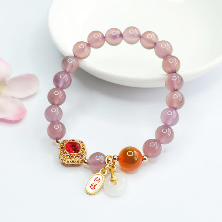Buddha Stones天然パープルカルセドニー キャンディアゲート 平和バックル ハーモニー 幸運 幸運 チャーム ブレスレット