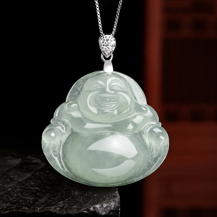 Buddha Stones925スターリングシルバー 天然翡翠 笑い仏 繁栄 豊穣 チェーンネックレス ペンダント