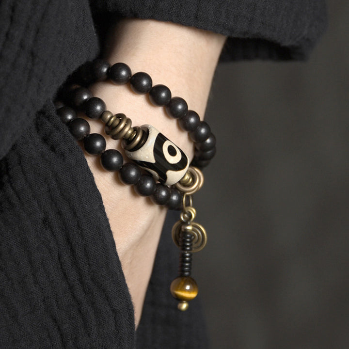 Buddha Stones黒檀 木製 Dzi ビーズ 銅 守護 カップル ブレスレット