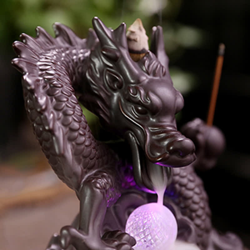Buddha Stones縁起の良い龍 セラミック 逆流煙噴水 瞑想 癒し 香炉 LED ボール 装飾