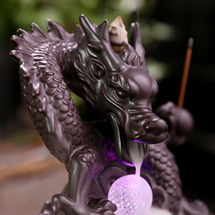 Buddha Stones縁起の良い龍 セラミック 逆流煙噴水 瞑想 癒し 香炉 LED ボール 装飾