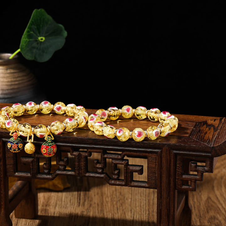 Buddha Stones金 呑み込み獣 ファミリー ピンク ラブハート 光る 蛍光 Liuli ガラス ビーズ ブレスレット