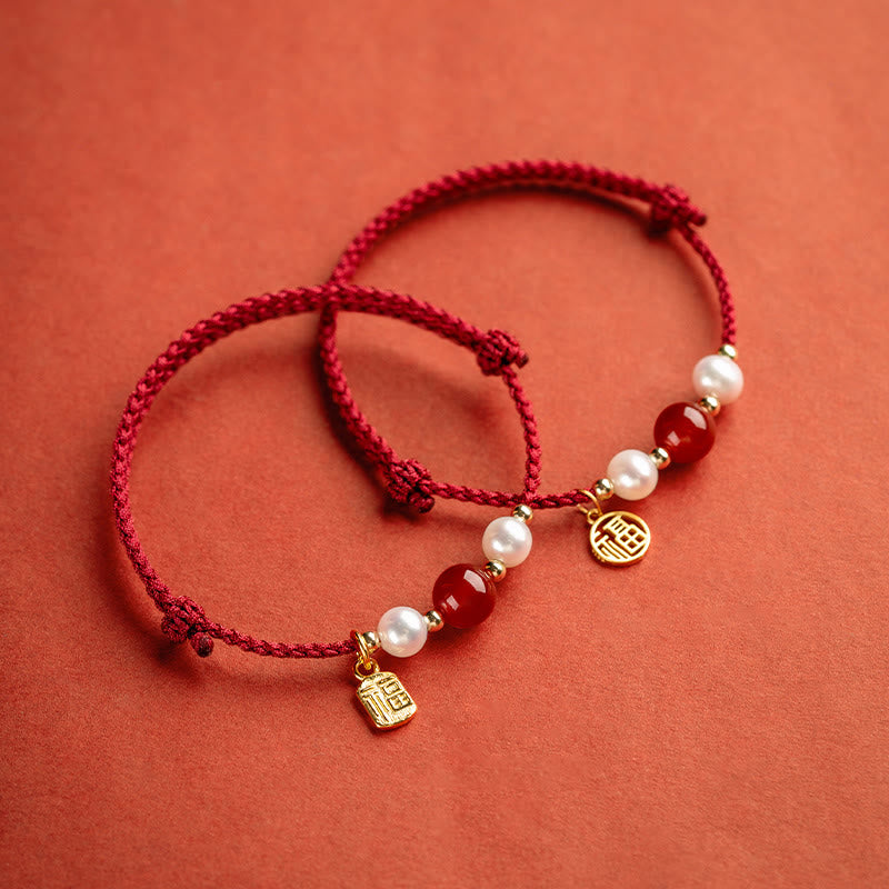 Buddha Stones925 スターリングシルバー 幸運の福の文字瑪瑙真珠 赤い紐編みブレスレット