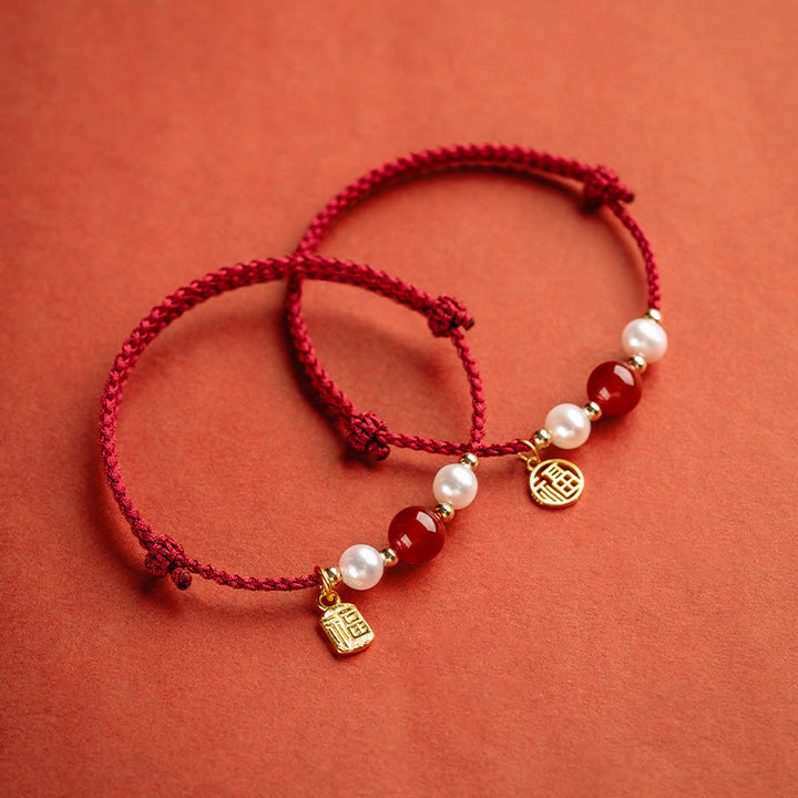 Buddha Stones925 スターリングシルバー 幸運の福の文字瑪瑙真珠 赤い紐編みブレスレット