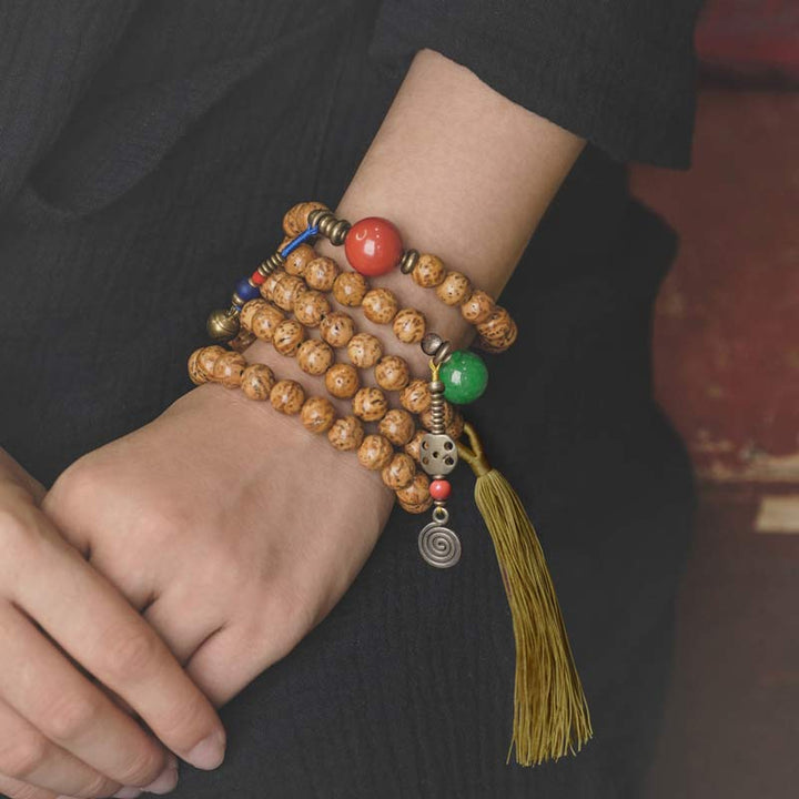 Buddha Stones108 個入りMalaビーズ 菩提樹の知恵 平和 タッセルブレスレット