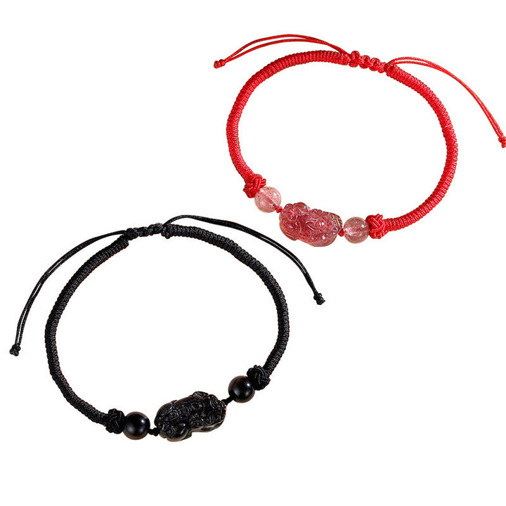 Buddha Stonesハンドメイド天然銀光沢黒曜石ストロベリークォーツ貔貅守護編み込みブレスレット - image 11