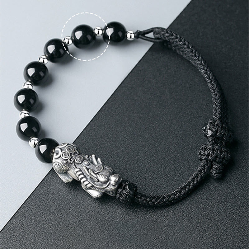 Buddha Stones999スターリングシルバー 風水 貔貅 天然黒曜石 925スターリングシルバー ビーズ 強度ブレスレット