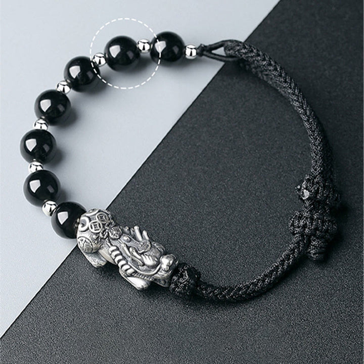 Buddha Stones999スターリングシルバー 風水 貔貅 天然黒曜石 925スターリングシルバー ビーズ 強度ブレスレット