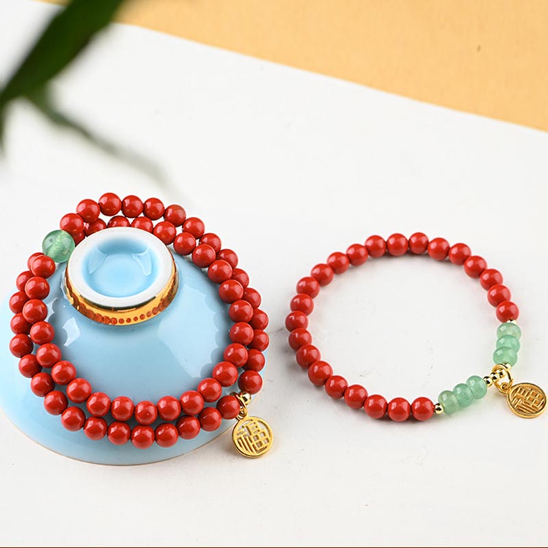 Buddha Stonesチベット辰砂グリーンアベンチュリン幸運ブレスレットネックレス