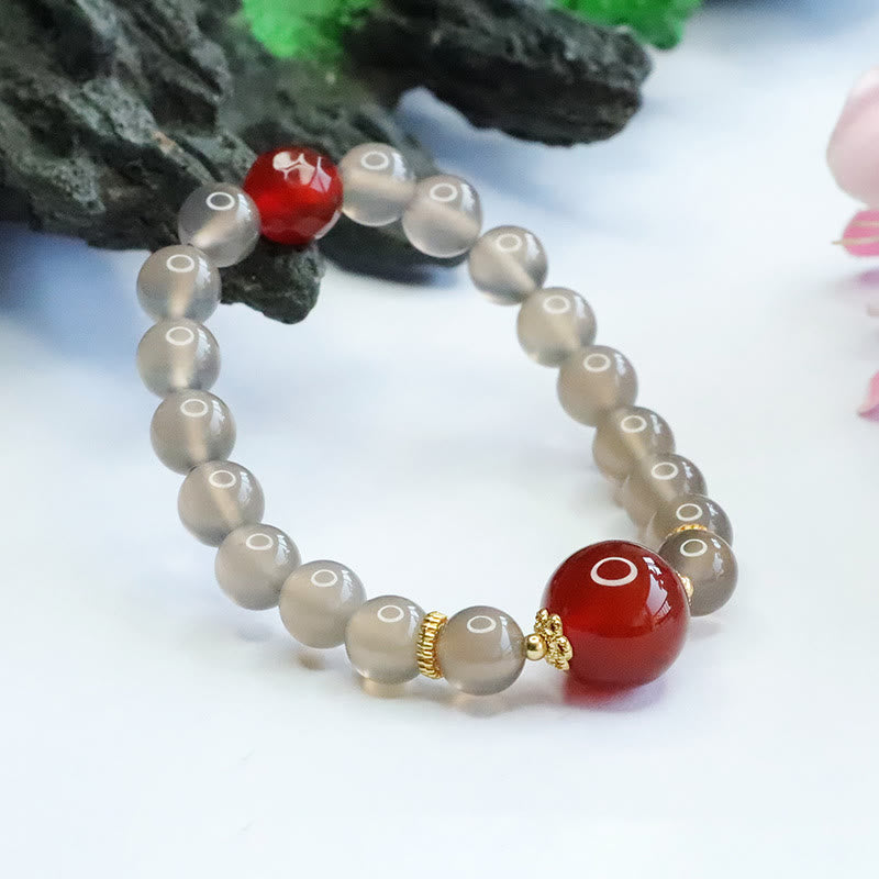 Buddha Stones天然グレーカルセドニー レッドアゲート ハーモニーブレスレット