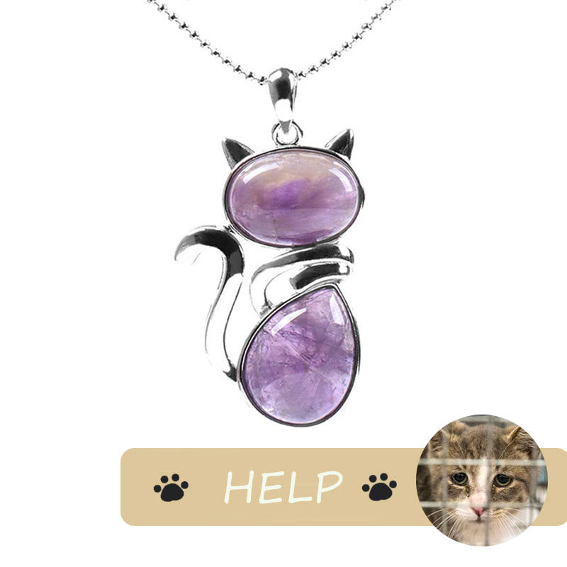 「Save A Cat」可愛い猫柄天然クリスタル守護猫愛ペンダントネックレス - アメジスト - image 5