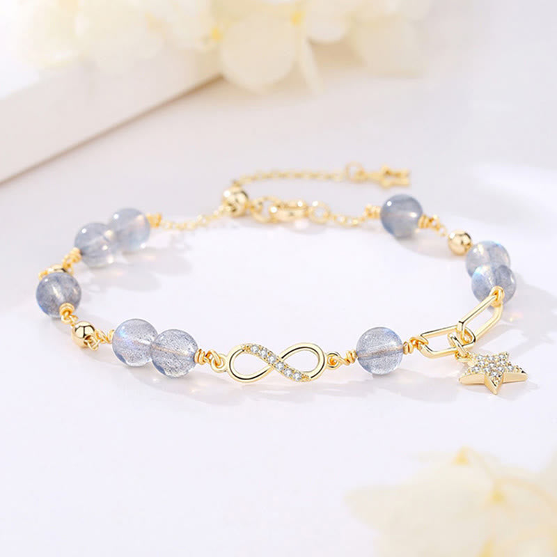 Buddha Stones 14Kゴールドメッキ 天然ストロベリークォーツ ムーンストーン メビウスループ 永遠の愛 星 ポジティブブレスレット