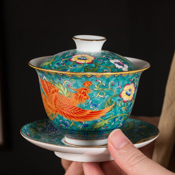Buddha Stones龍鳳凰花デザイン陶器蓋碗三彩ティーカップカンフーティーカップ＆ソーサー蓋付き