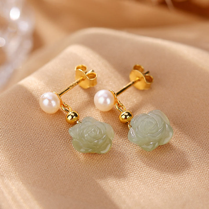 Buddha Stones 925スターリングシルバーメッキゴールド翡翠ローズフラワーシアン翡翠パール幸運イヤリング