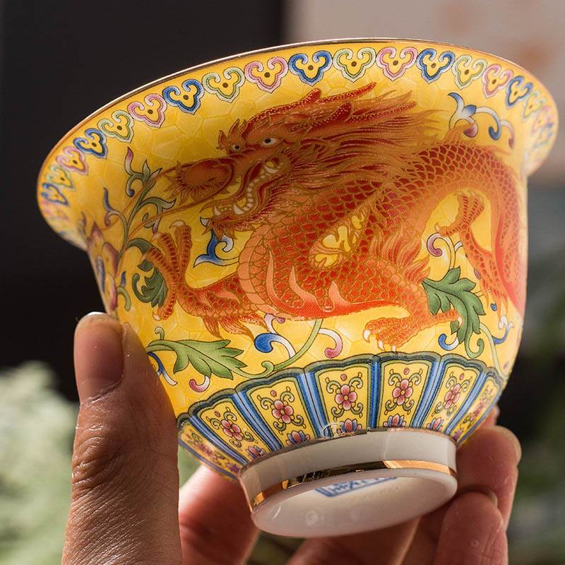 Buddha Stones龍鳳凰花デザイン陶器蓋碗三彩ティーカップカンフーティーカップ＆ソーサー蓋付き