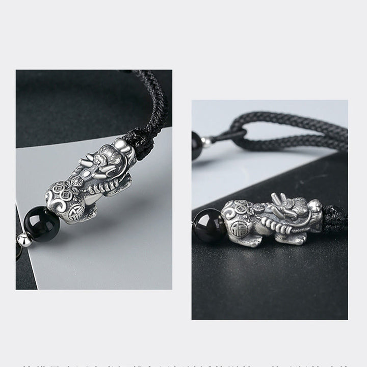 Buddha Stones999スターリングシルバー 風水 貔貅 天然黒曜石 925スターリングシルバー ビーズ 強度ブレスレット