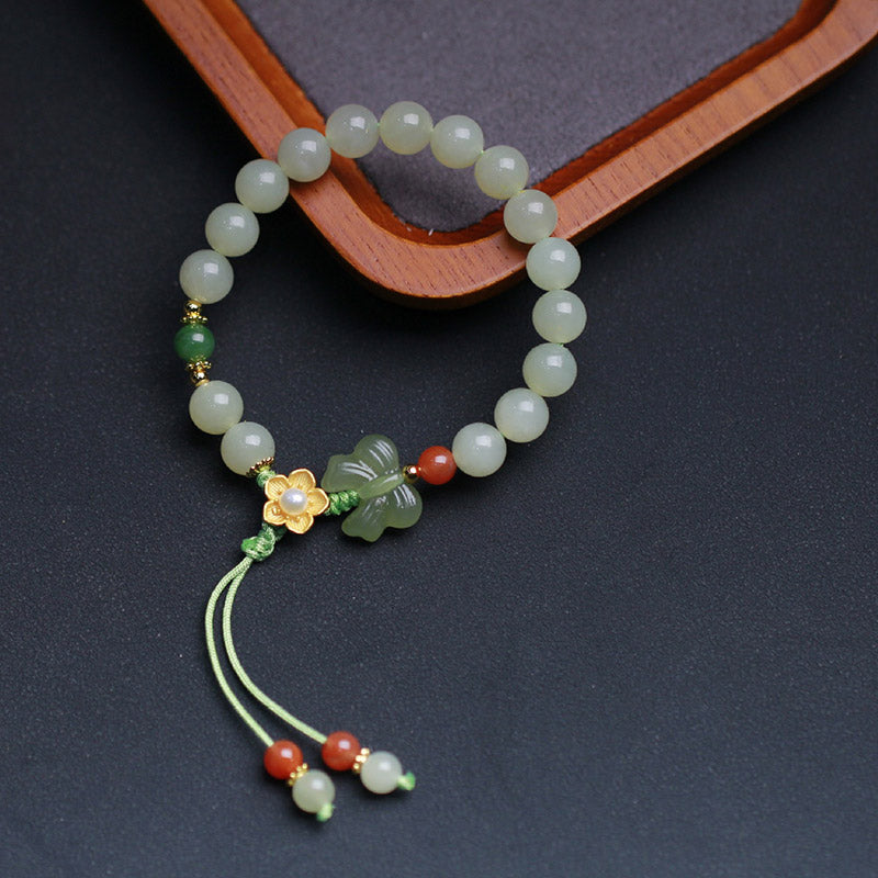 Buddha Stones925スターリングシルバー 翡翠 幸運の花 蝶 ブレスレット