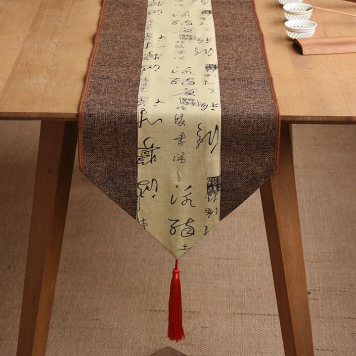 Buddha Stonesクラシックな中国風 蓮 鯉 花 鶴 書道 悟り コットン リネン タッセル テーブルランナー