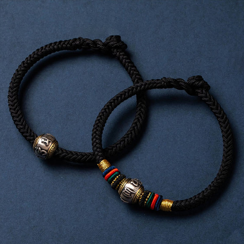 Buddha Stones925 スターリングシルバー チベット ハンドメイドオーム・マニ・パドメ・フム幸運の守護 キングコングノット 編み込みブレスレット