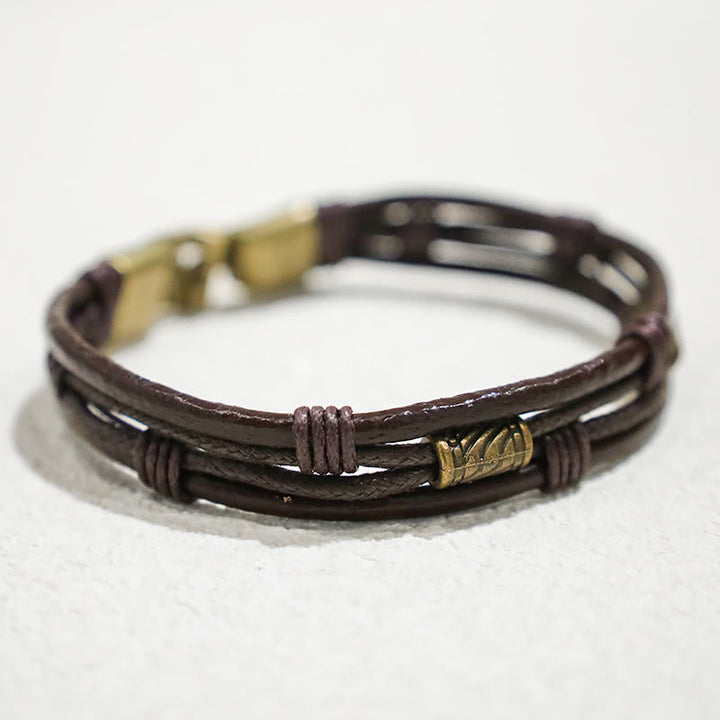 Buddha Stonesヴィンテージレザーリストバンド ブラウンロープ レイヤードブレスレット バングル