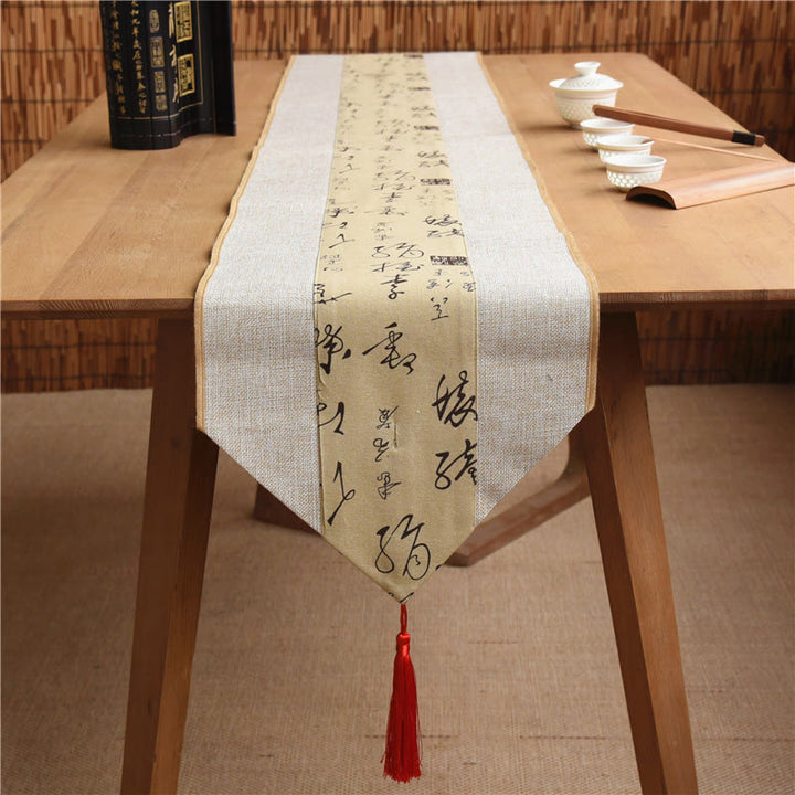 Buddha Stonesクラシックな中国風 蓮 鯉 花 鶴 書道 悟り コットン リネン タッセル テーブルランナー
