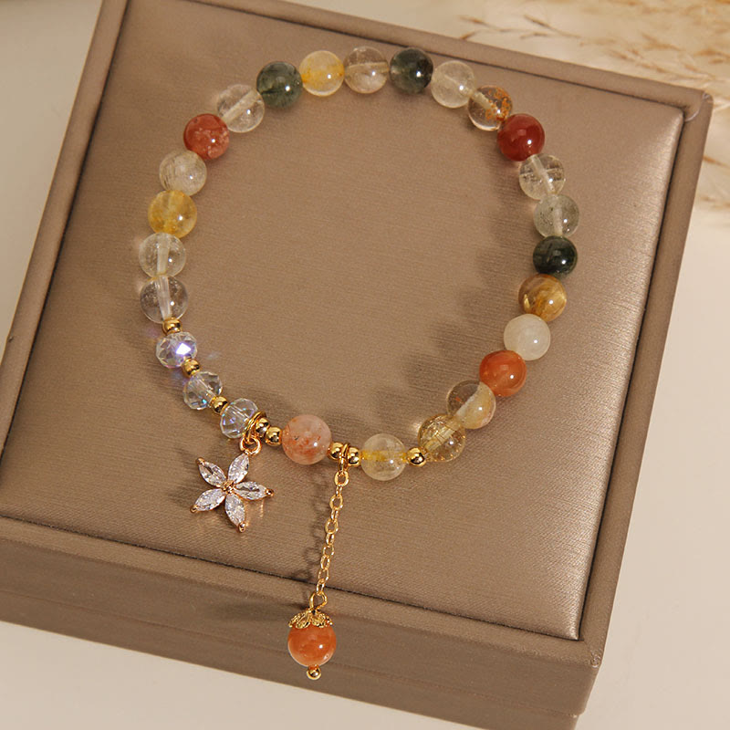 Buddha Stonesマルチカラー ルチルクォーツ 縁起物 ジルコン フラワー ブレスレット