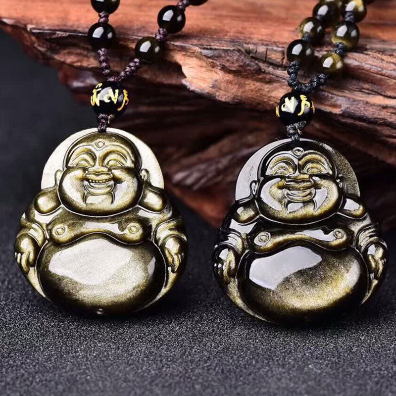 Buddha Stones笑う仏陀 金の輝き 黒曜石 富のネックレス ペンダント - image 2
