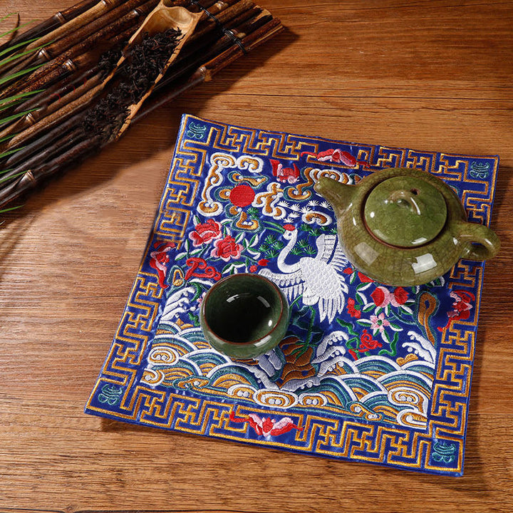 Buddha Stones鳳凰 龍 麒麟 刺繍 カップマットパッド ティーカップコースター スクエア カンフーティーマット