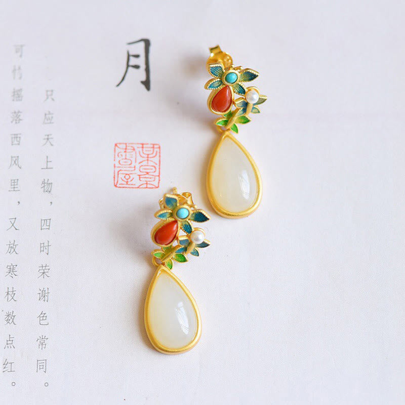 Buddha Stones水滴 白翡翠 赤瑪瑙 蝶の守護 ドロップ ダングル イヤリング
