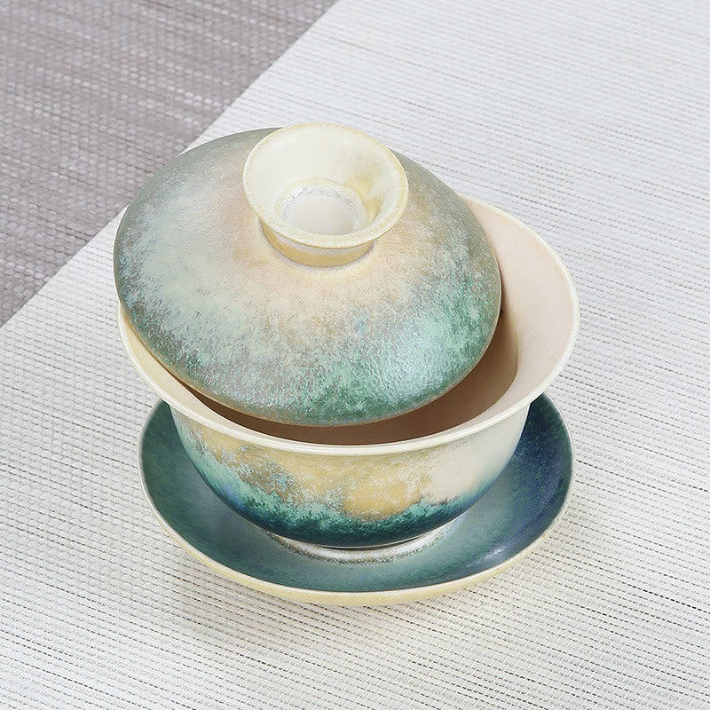Buddha Stones緑の海の波模様 磁器 セラミック 蓋碗 三彩 ティーカップ カンフー ティーカップ ソーサー 蓋付き
