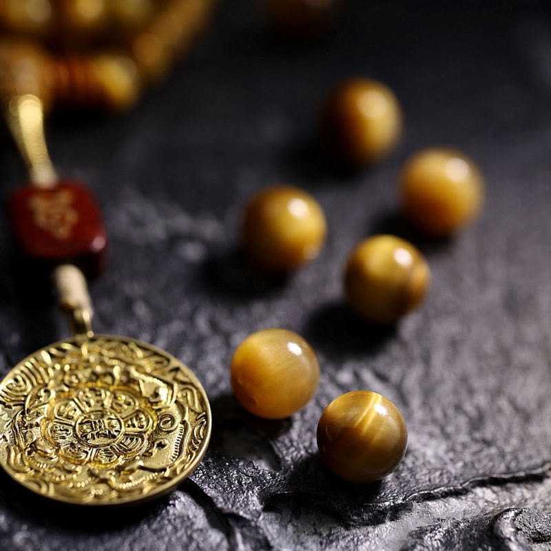 Buddha Stones 108Mala天然タイガーアイ 銅製 ドルジェ 守護 タッセルブレスレット