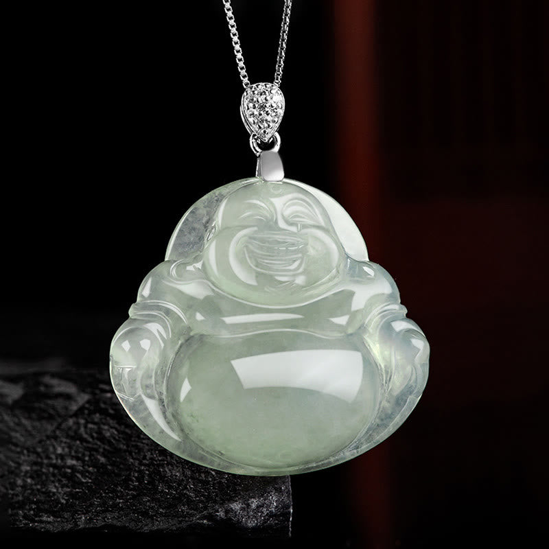 Buddha Stones925スターリングシルバー 天然翡翠 笑い仏 繁栄 豊穣 チェーンネックレス ペンダント