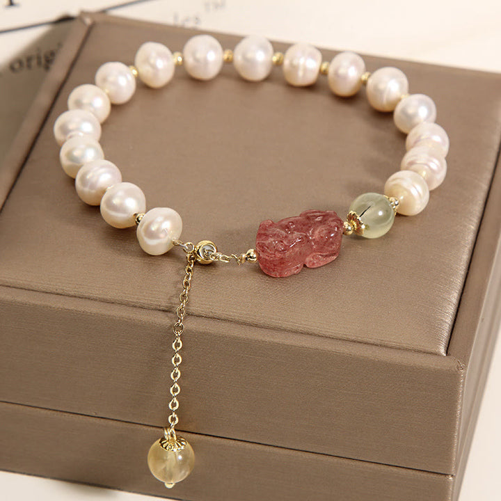 Buddha Stones天然真珠ストロベリークォーツ貔貅楽観チャームブレスレット